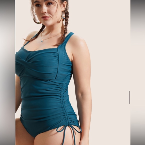 BloomChic Plain Ruched Crossover Drawstring One Piece Swimsuit - Picture 3 of 6